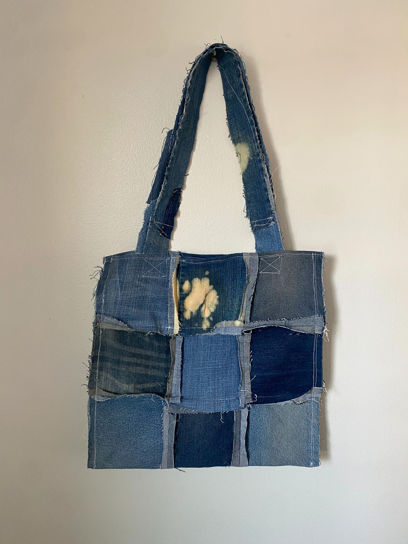Distressed Denim Tote 21- Recycled Denim Patchwork Jumbo Tote Bag