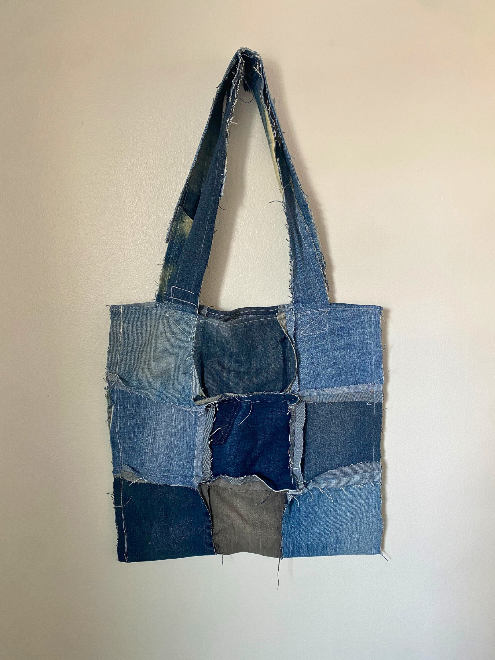 Distressed Denim Tote 22- Recycled Denim Patchwork Jumbo Tote Bag