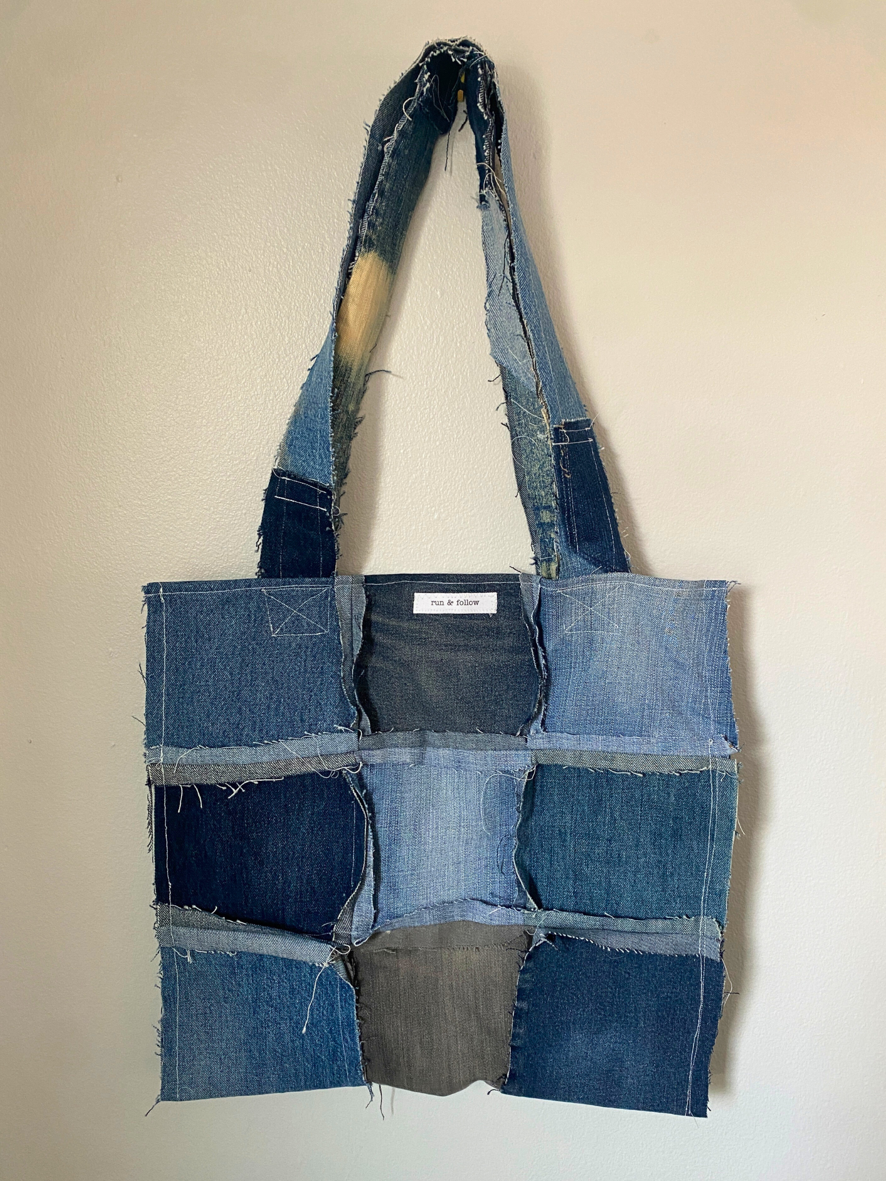Distressed Denim Tote 22- Recycled Denim Patchwork Jumbo Tote Bag