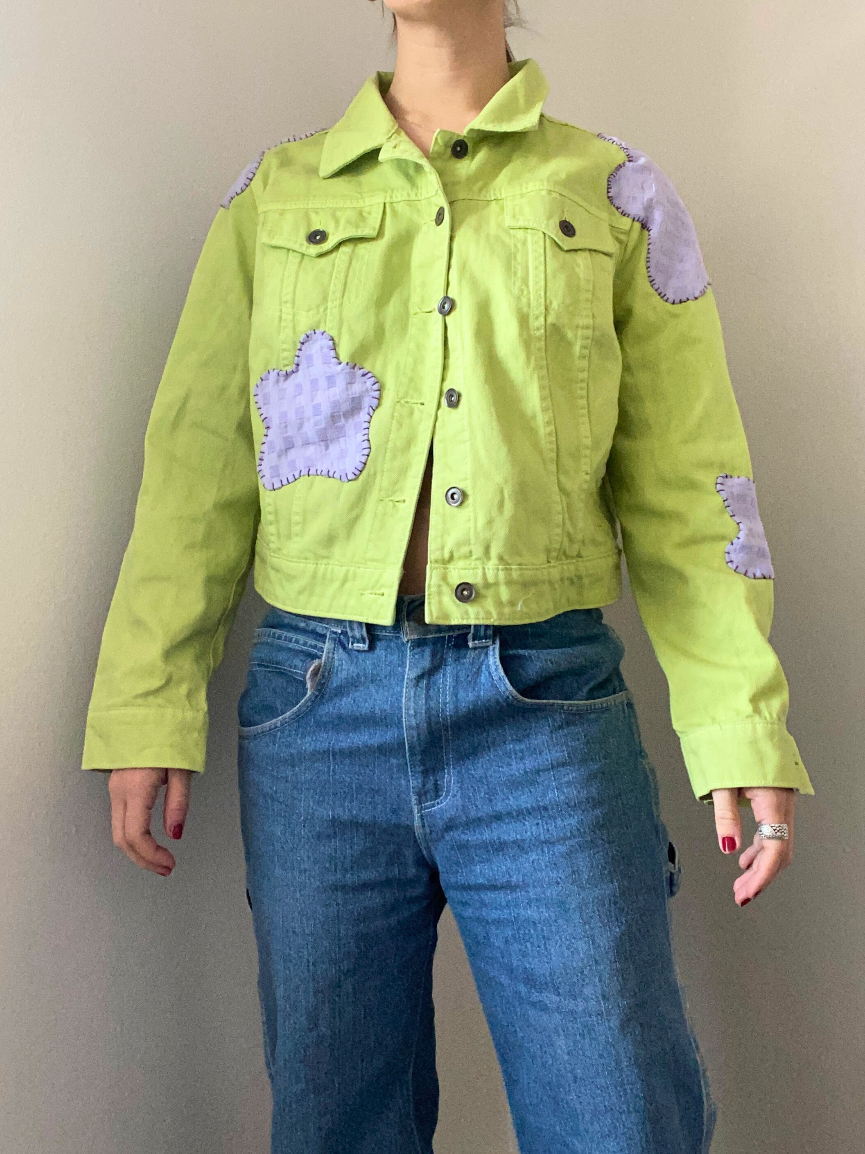 Flower Fields Green Denim Jacket- Upcycled Jacket with Purple Flower Patches