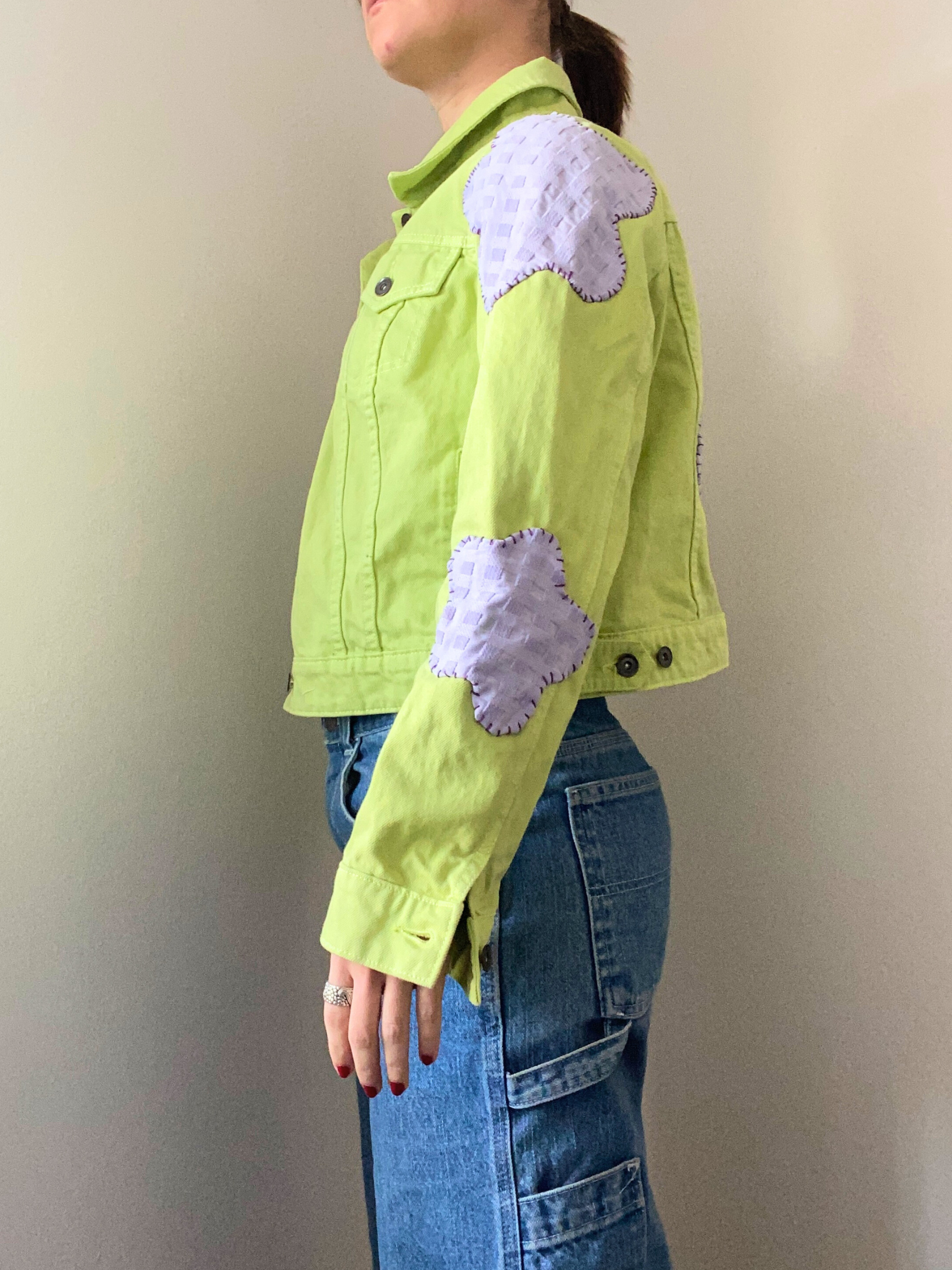 Flower Fields Green Denim Jacket- Upcycled Jacket with Purple Flower Patches